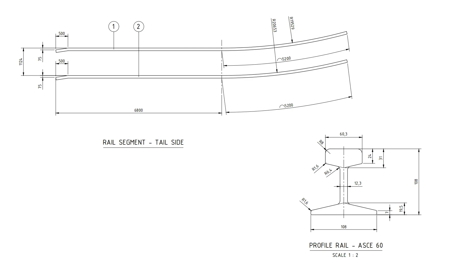 Customer drawing showing bending radius and incline length
