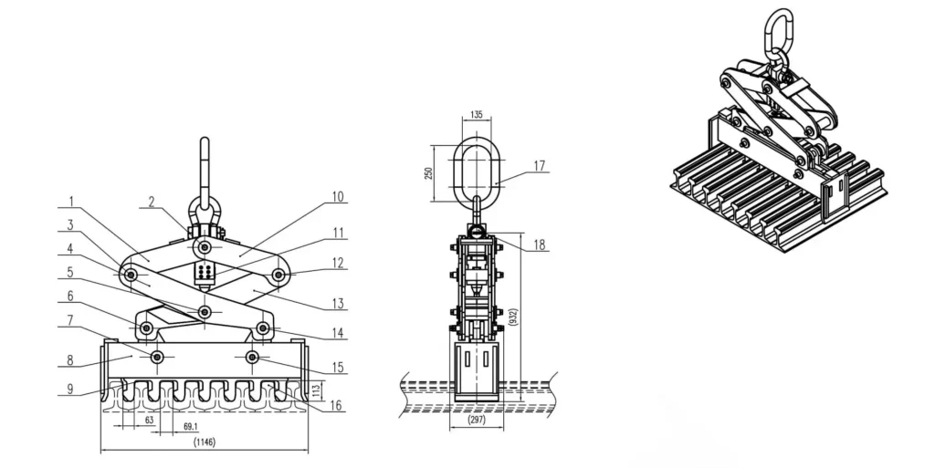 Engineering drawing of the customized 115RE rail lifting clamp